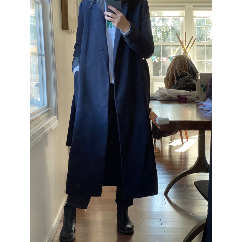 Topshop long navy robe coat with belt